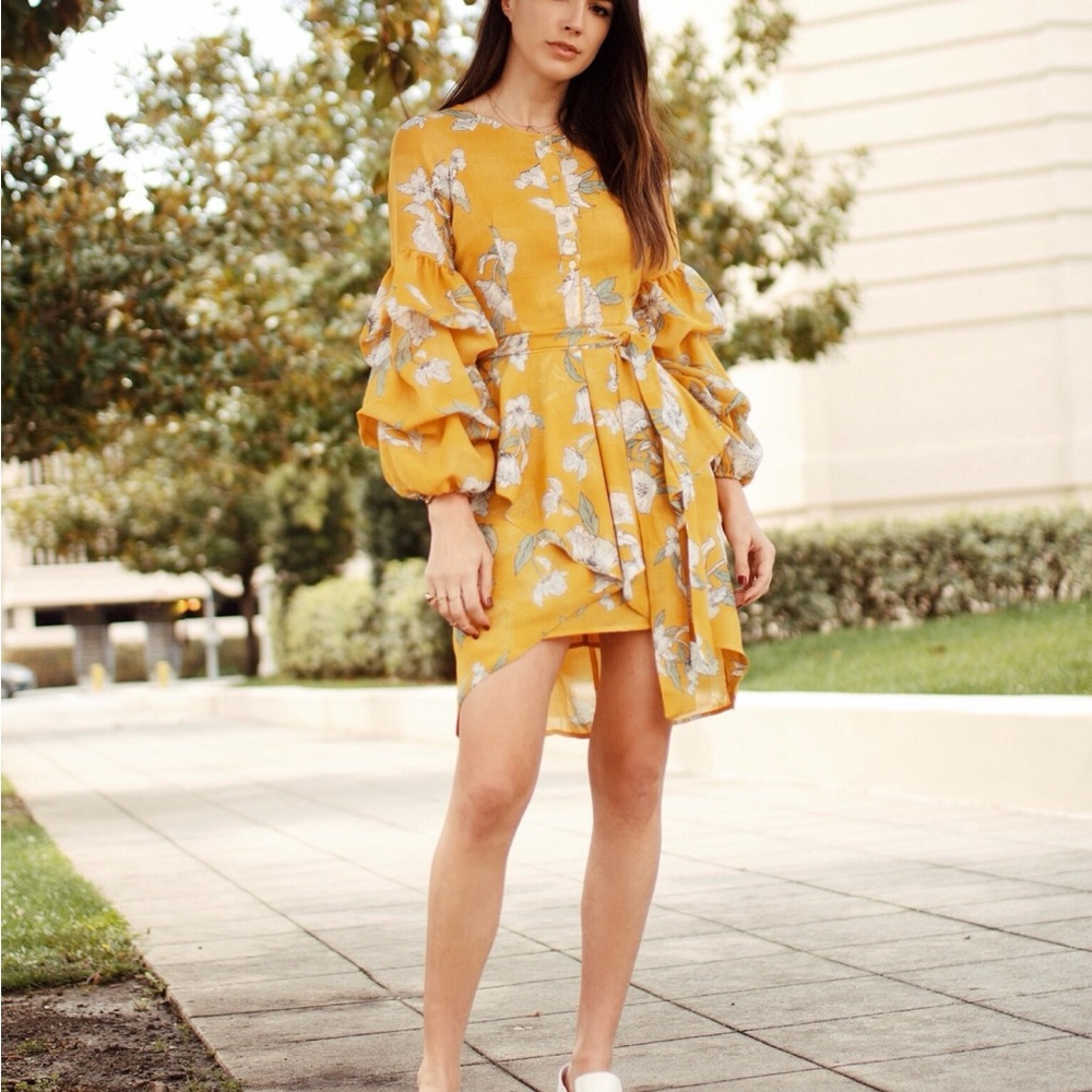 J.O.A. Yellow Sundress with Bishop Sleeves and Crew Neck